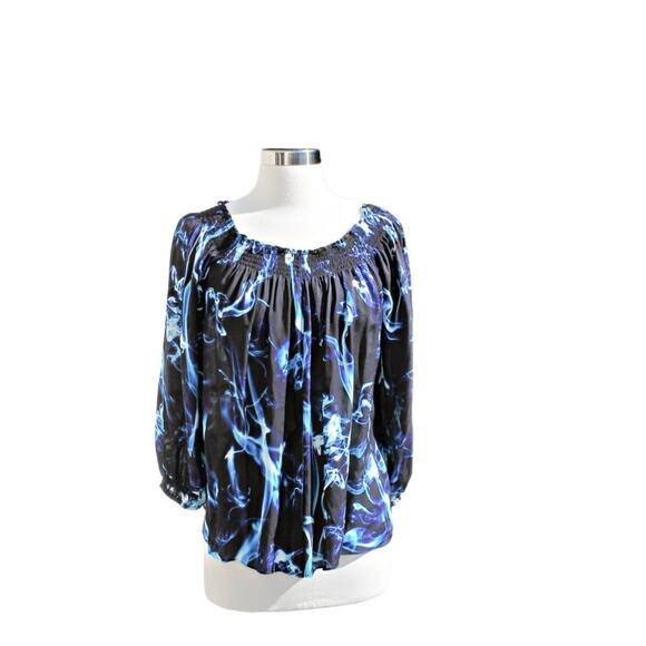 Artelier Nicole Miller Women's Silk Blouse Abstract Blue Smoke Swirls Print - Picture 4 of 16